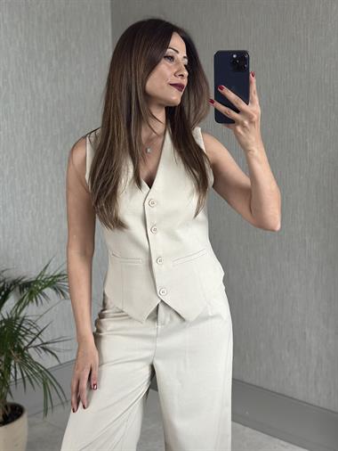 Bej Bezayağı Yelek Pantolon Kadın Takım