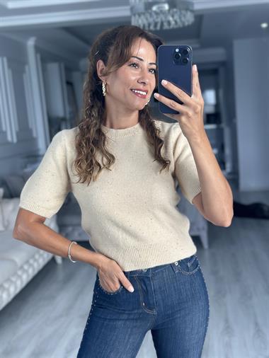 Bej Bisiklet Yaka Kısa Kol Pullu Simli Kadın Kazak