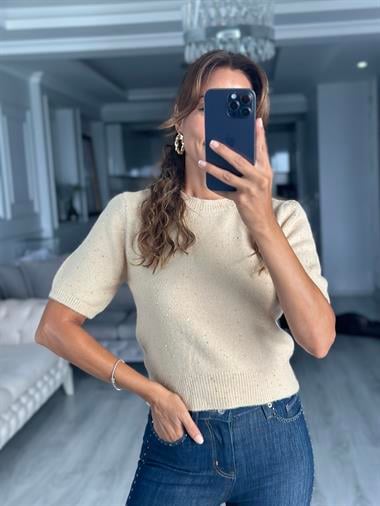 Bej Bisiklet Yaka Kısa Kol Pullu Simli Kadın Kazak