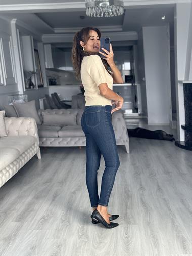 Bej Bisiklet Yaka Kısa Kol Pullu Simli Kadın Kazak