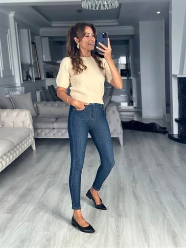 Bej Bisiklet Yaka Kısa Kol Pullu Simli Kadın Kazak