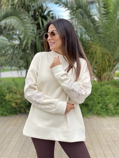 Bej Bisiklet Yaka Kolu Örgü Dantelli Kadın Sweatshirt