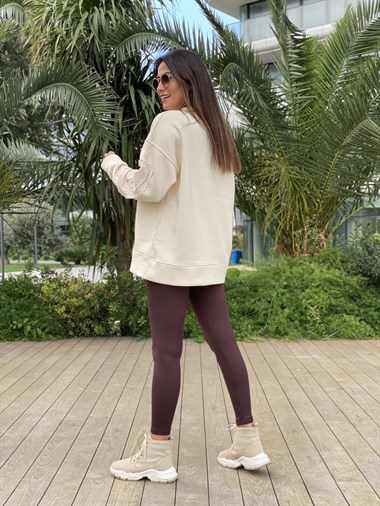 Bej Bisiklet Yaka Kolu Örgü Dantelli Kadın Sweatshirt