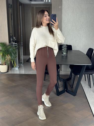 Bej Bisiklet Yaka Salaş Cepli Triko Kadın Kazak