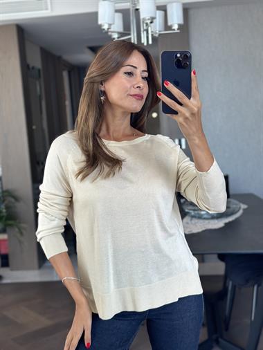 Bej Bisiklet Yaka Uzun Kol Dlvn Düz Merserize Kadın Bluz