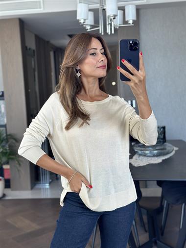 Bej Bisiklet Yaka Uzun Kol Dlvn Düz Merserize Kadın Bluz