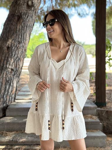 Bej Boncuk Detaylı Bohem Krinkıl Kadın Elbise