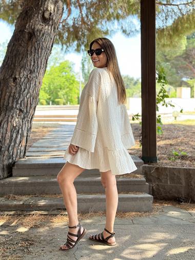 Bej Boncuk Detaylı Bohem Krinkıl Kadın Elbise