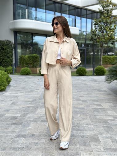 Bej Dokulu Gömlek Pantolon İkili Kadın Takım