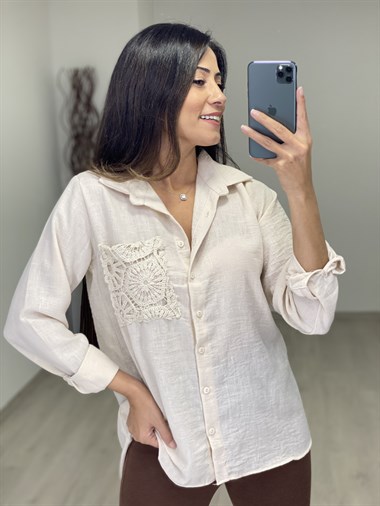 Bej Cebi Örgü Detay Krinkıl Kadın Gömlek