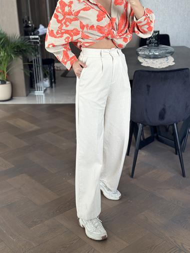 Bej Cepli Ham Keten Palazzo Kadın Pantolon