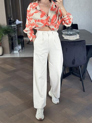 Bej Cepli Ham Keten Palazzo Kadın Pantolon