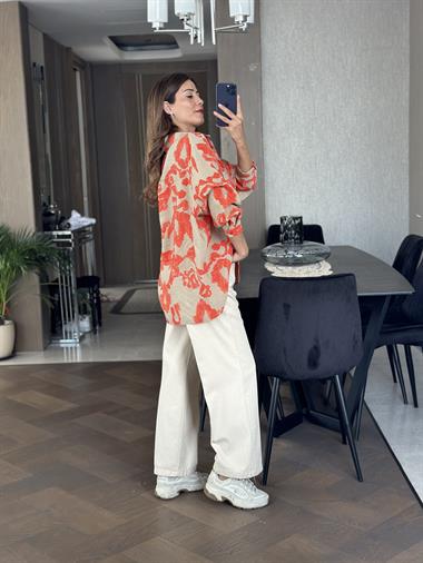 Bej Cepli Ham Keten Palazzo Kadın Pantolon