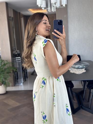 Bej Çiçek Desenli Vatkalı Kemerli Kadın Keten Gömlek  Elbise