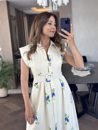 Bej Çiçek Desenli Vatkalı Kemerli Kadın Keten Gömlek  Elbise
