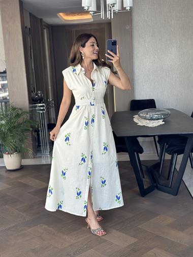 Bej Çiçek Desenli Vatkalı Kemerli Kadın Keten Gömlek  Elbise