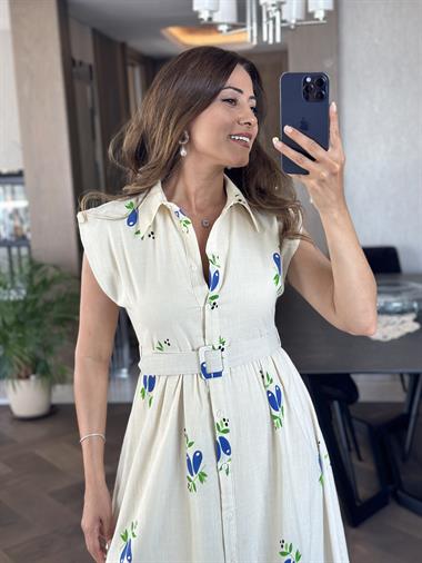 Bej Çiçek Desenli Vatkalı Kemerli Kadın Keten Gömlek  Elbise