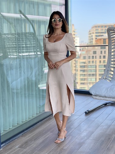 Bej Çift Yırtmaçlı U Yaka Keten Dokulu Kadın Elbise