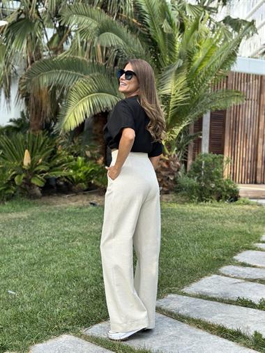 Bej Cırt Detay Keten Palazzo Kadın Pantolon