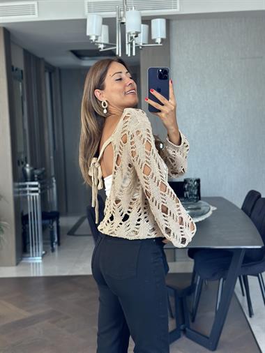 Bej Dlvn Kayık Yaka Ajurlu Arkası Bağlamalı Kadın Triko Kazak