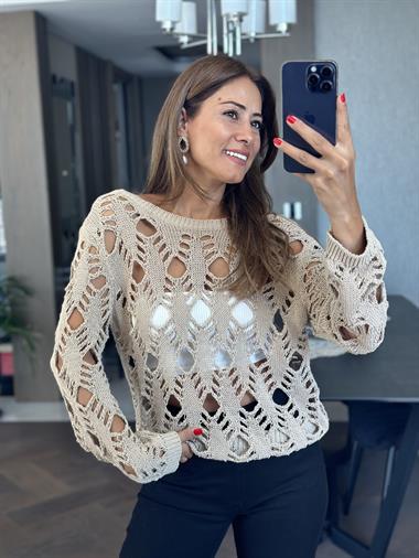 Bej Dlvn Kayık Yaka Ajurlu Arkası Bağlamalı Kadın Triko Kazak