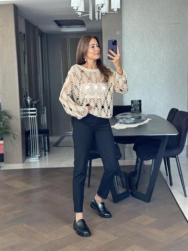 Bej Dlvn Kayık Yaka Ajurlu Arkası Bağlamalı Kadın Triko Kazak
