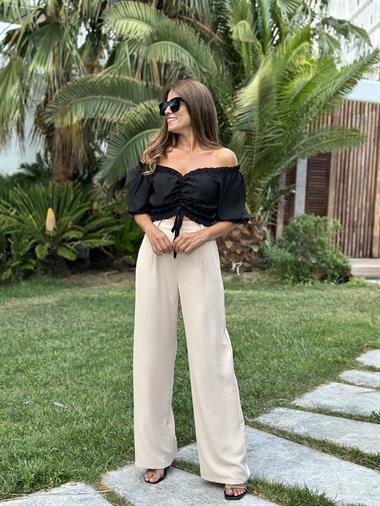 Bej Dökümlü Krep Aerobin Palazzo  Kadın Pantolon