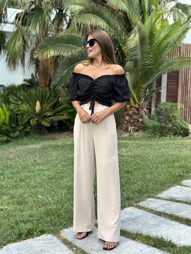 Bej Dökümlü Krep Aerobin Palazzo  Kadın Pantolon