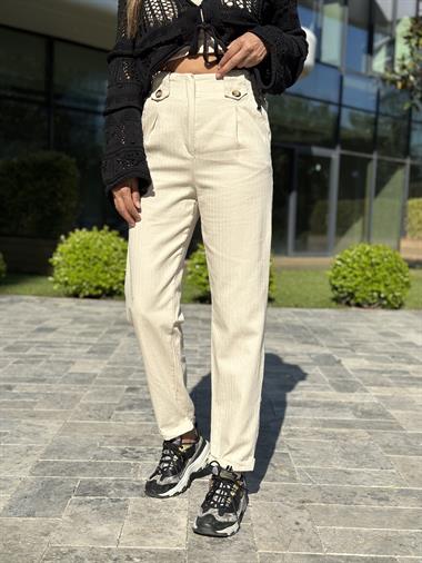 Bej Duble Paça Beli Düğme Detay Keten Kadın Pantolon