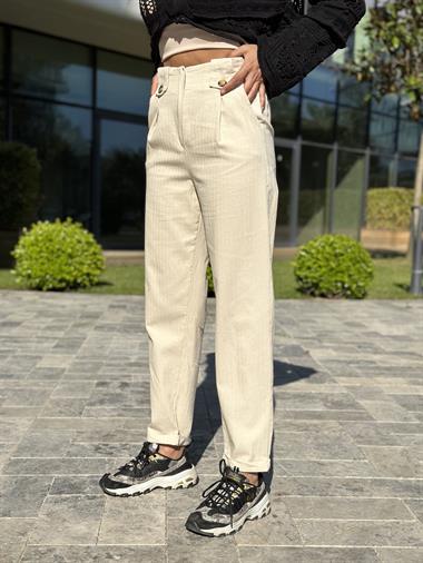 Bej Duble Paça Beli Düğme Detay Keten Kadın Pantolon