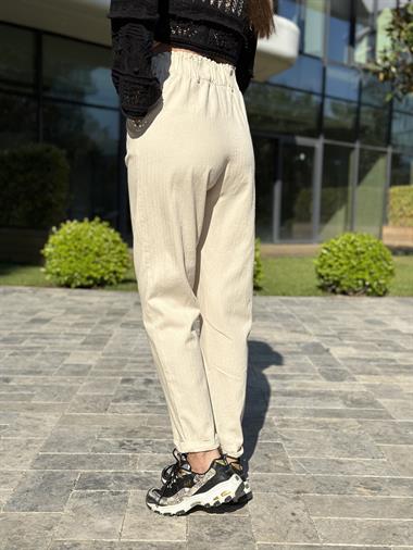 Bej Duble Paça Beli Düğme Detay Keten Kadın Pantolon