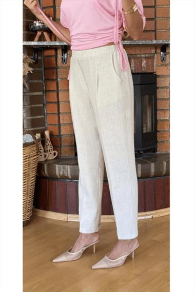 Bej Duble Paça Keten Pantolon