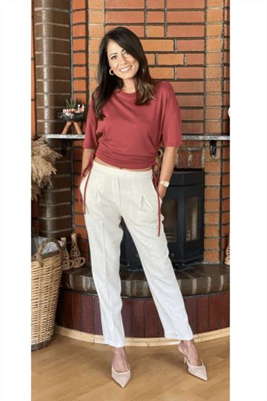 Bej Duble Paça Keten Pantolon