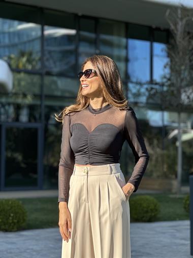 Bej Düğmeli Arka Bel Lastikli Geniş Paça Kumaş Kadın Pantolon