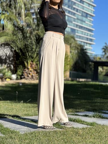 Bej Düğmeli Arka Bel Lastikli Geniş Paça Kumaş Kadın Pantolon