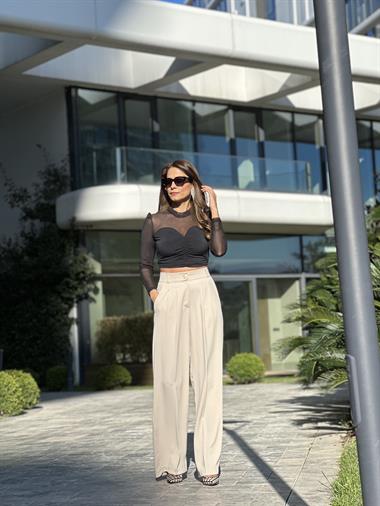 Bej Düğmeli Arka Bel Lastikli Geniş Paça Kumaş Kadın Pantolon