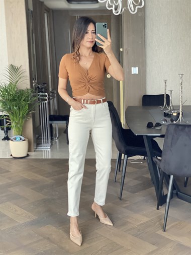 Bej Düz Likralı Mom Jean