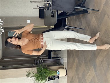 Bej Düz Likralı Mom Jean