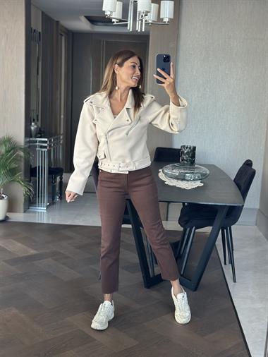 Bej Fermuarlı Motorcu Kısa Kadın Kaşe Ceket