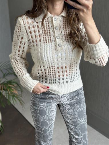 Bej File Örgü Polo Yaka Düğmeli Kadın Triko Kazak