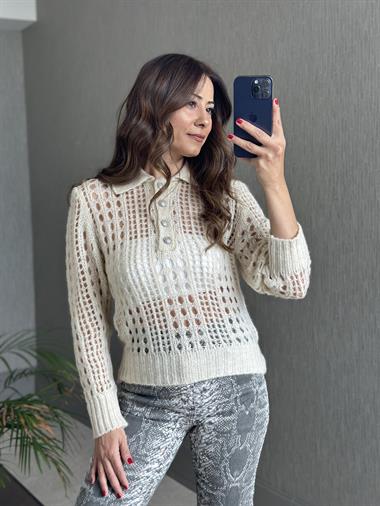 Bej File Örgü Polo Yaka Düğmeli Kadın Triko Kazak