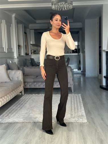 Bej Fitilli Kaşkorse Uzun Kol U Yaka Kadın Body