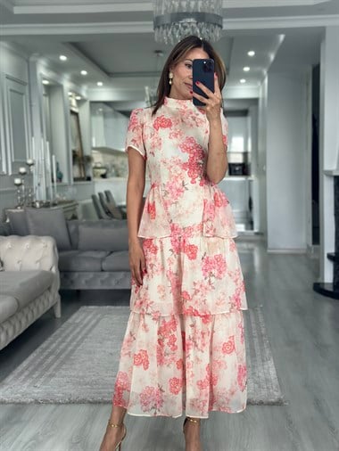Bej Floral Desen Dik Yaka Eteği Katlı Midi Boy Şifon Kadın Elbise