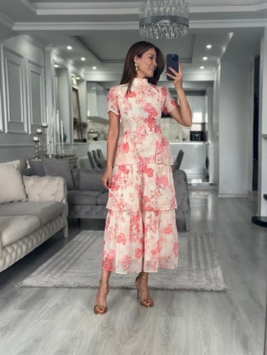 Bej Floral Desen Dik Yaka Eteği Katlı Midi Boy Şifon Kadın Elbise