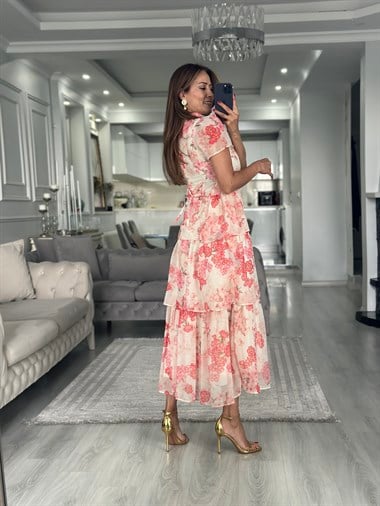 Bej Floral Desen Dik Yaka Eteği Katlı Midi Boy Şifon Kadın Elbise