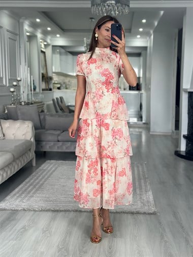 Bej Floral Desen Dik Yaka Eteği Katlı Midi Boy Şifon Kadın Elbise