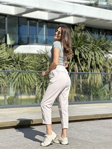 Bej Gabardin Saçaklı Kadın Pantolon