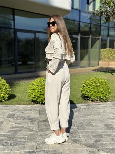 Bej Geniş Kol Bağcıklı Triko Kadın Hırka