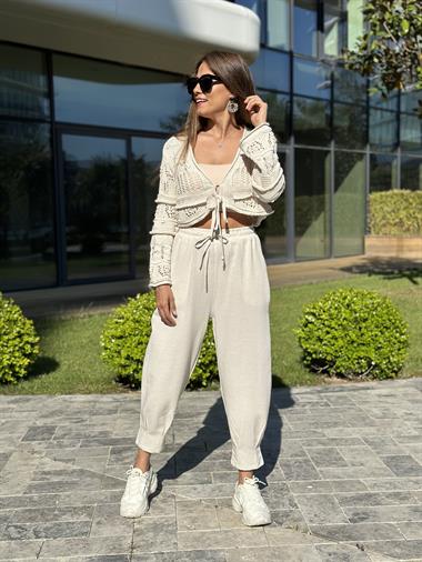 Bej Geniş Kol Bağcıklı Triko Kadın Hırka