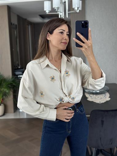 Bej Göz Nakışlı Keten Aerobin Kadın Gömlek